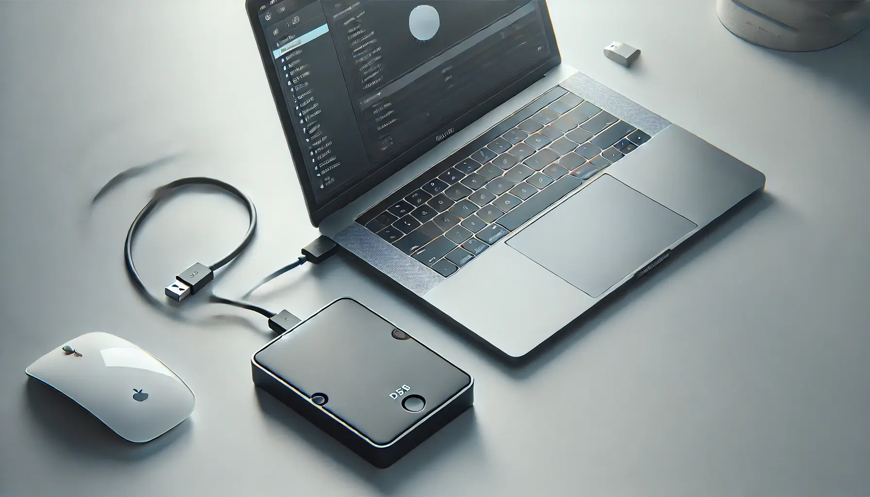 Top-down view of an external hard drive connected to a laptop with a USB cable